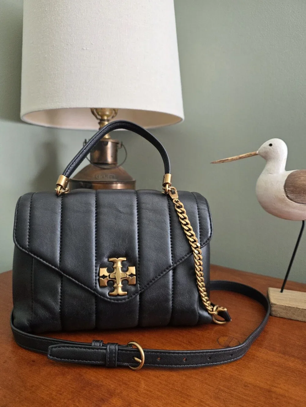 Tory Burch Mini Kira Top Handle Black Napa Leather Quilted Crossbody Bag
